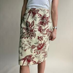 Silk Club Collection Midi Skirt - Cream & Burgundy Floral Bird Print- Size 6